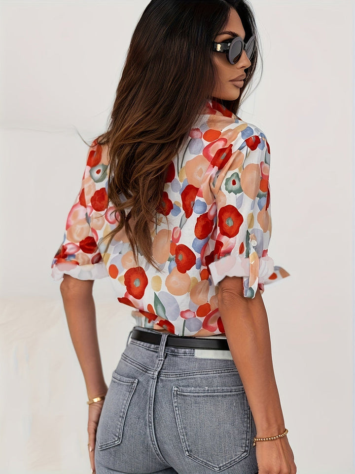 Abstract Floral Print Long Sleeve Relaxed Button Down Blouse