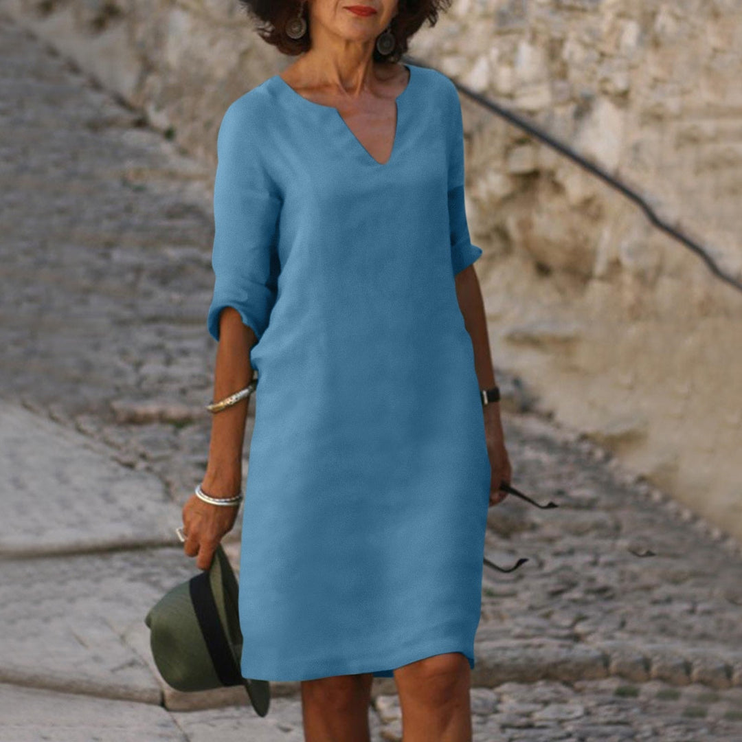 V Neck Three Quarter Sleeve Relaxed Fit Linen Midi Dress