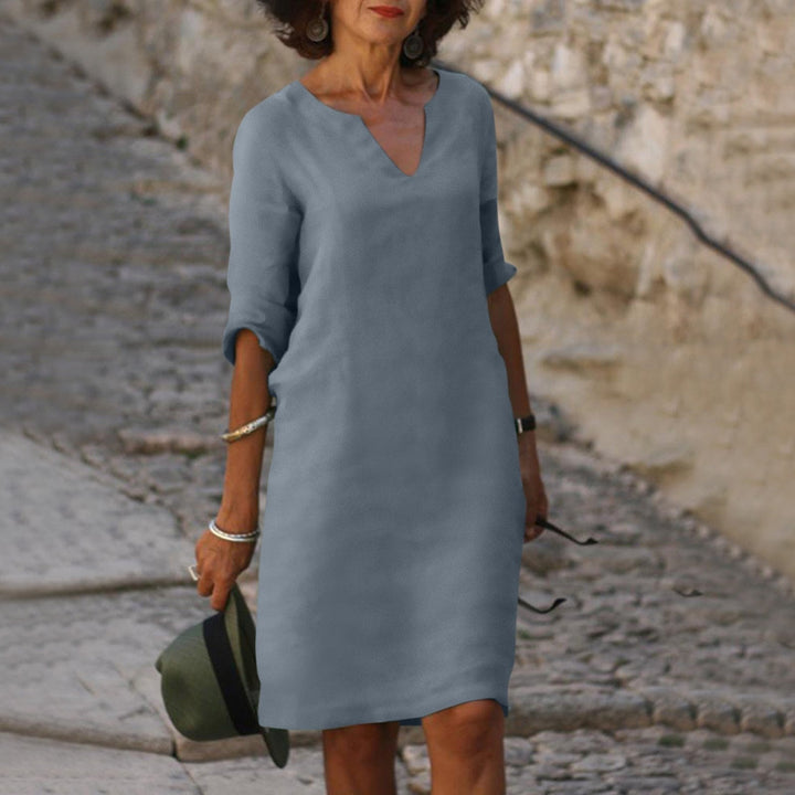 V Neck Three Quarter Sleeve Relaxed Fit Linen Midi Dress