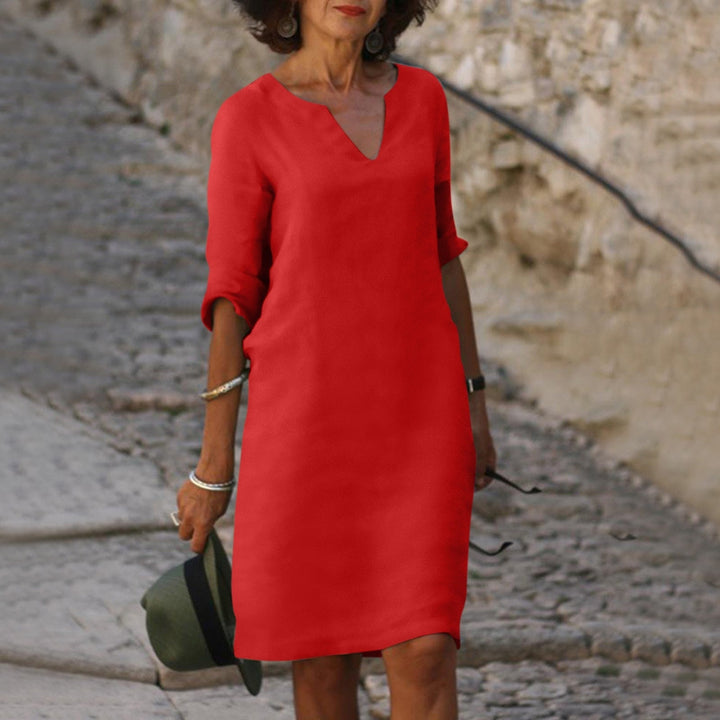 V Neck Three Quarter Sleeve Relaxed Fit Linen Midi Dress