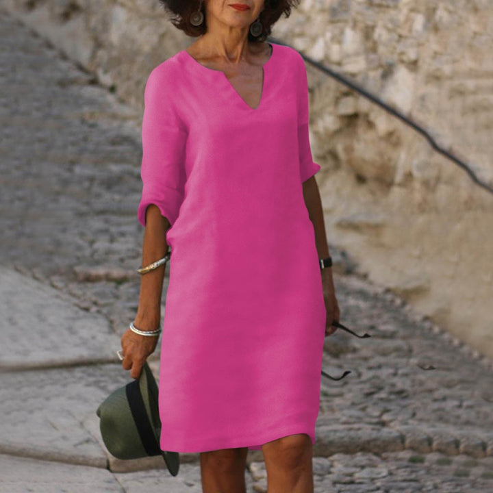 V Neck Three Quarter Sleeve Relaxed Fit Linen Midi Dress
