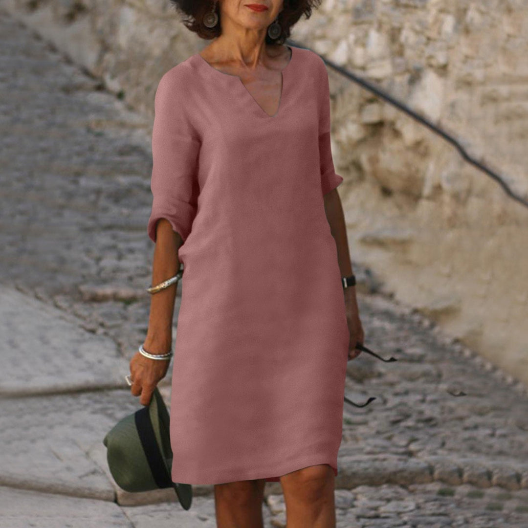 V Neck Three Quarter Sleeve Relaxed Fit Linen Midi Dress