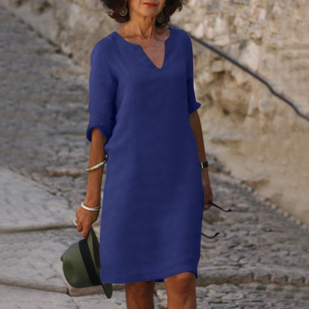 V Neck Three Quarter Sleeve Relaxed Fit Linen Midi Dress