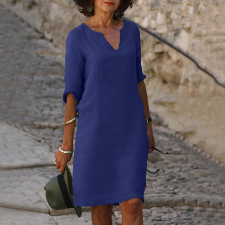 V Neck Three Quarter Sleeve Relaxed Fit Linen Midi Dress