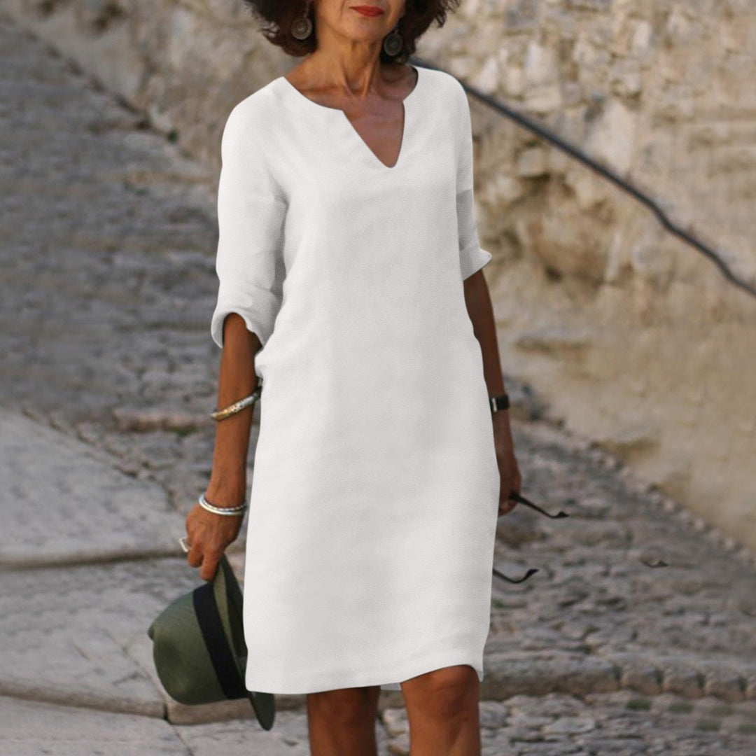 V Neck Three Quarter Sleeve Relaxed Fit Linen Midi Dress