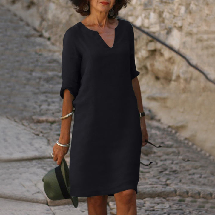 V Neck Three Quarter Sleeve Relaxed Fit Linen Midi Dress