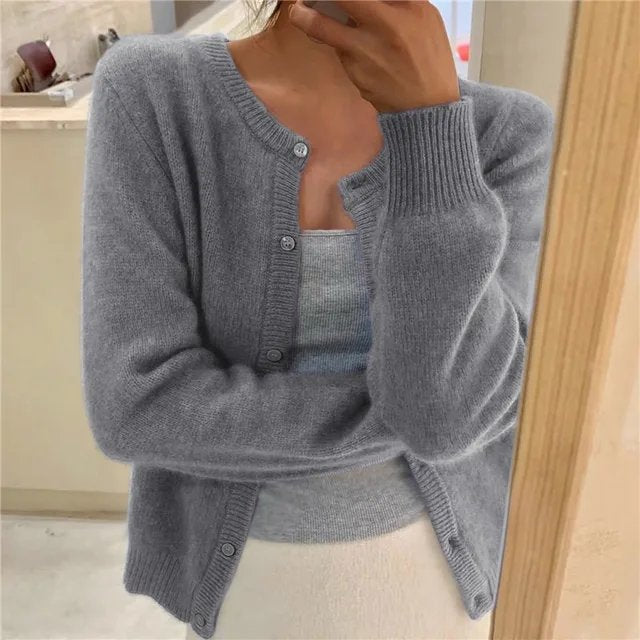 Delphine | Women's Cropped Cashmere Button Cardigan with Crew Neck