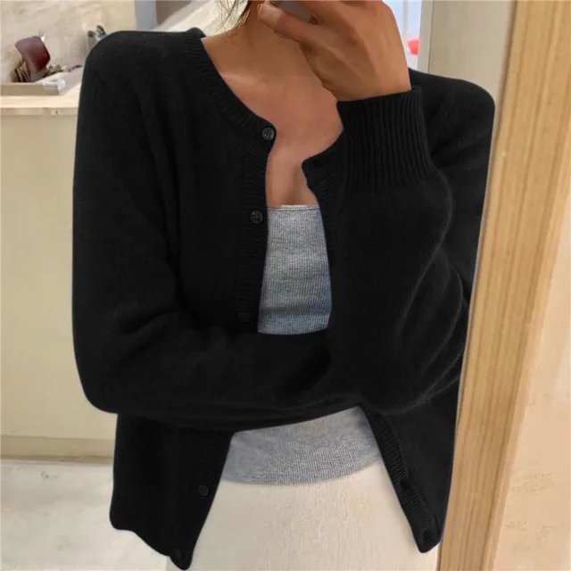 Delphine | Women's Cropped Cashmere Button Cardigan with Crew Neck