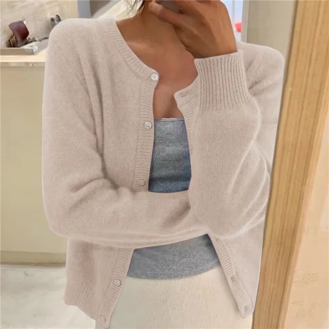 Delphine | Women's Cropped Cashmere Button Cardigan with Crew Neck