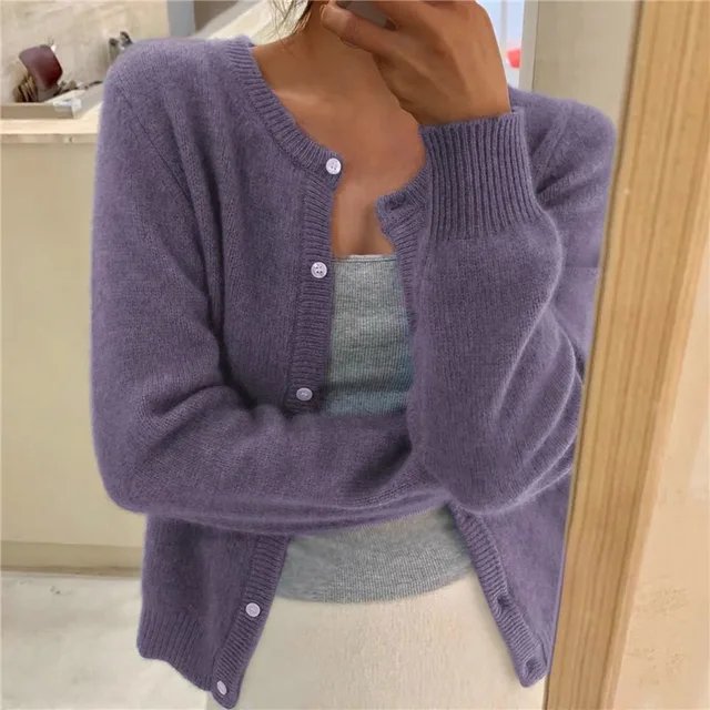 Delphine | Women's Cropped Cashmere Button Cardigan with Crew Neck