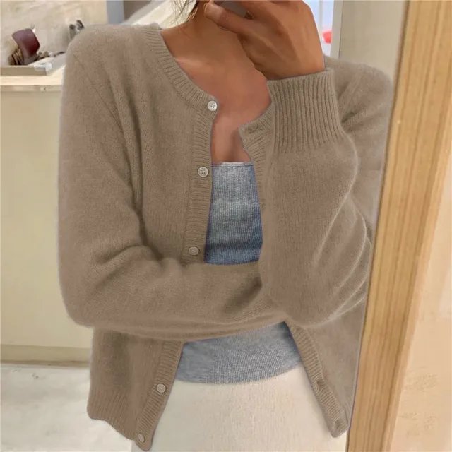Delphine | Women's Cropped Cashmere Button Cardigan with Crew Neck