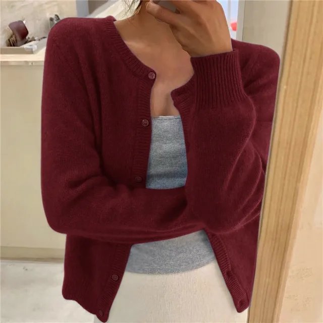 Delphine | Women's Cropped Cashmere Button Cardigan with Crew Neck