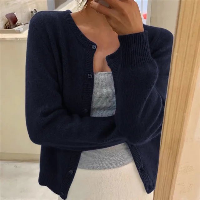 Delphine | Women's Cropped Cashmere Button Cardigan with Crew Neck