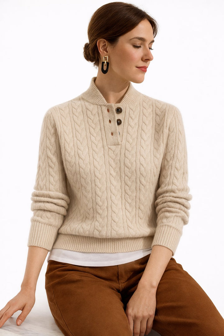 Harriet | Women's Cable Knit Wool Sweater with Button Collar