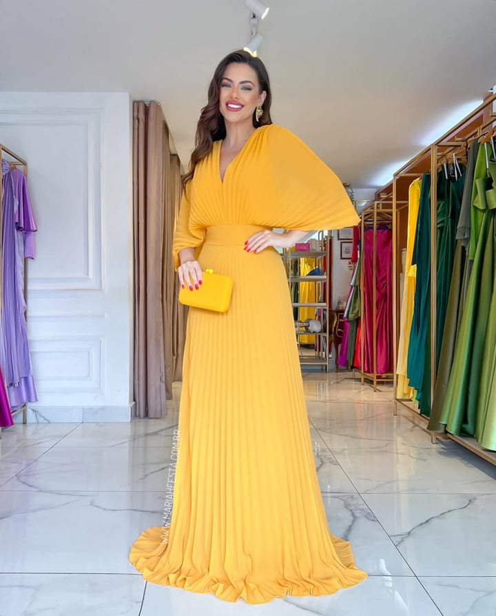 Elegant Pleated Batwing Maxi Dress - Wedding Guest