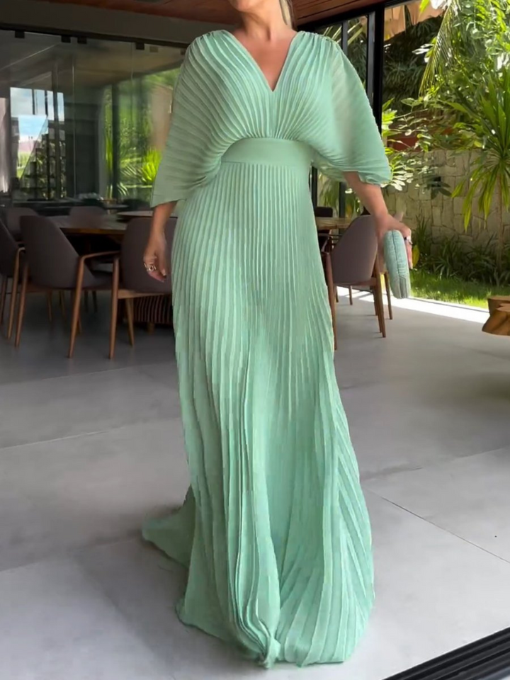 Elegant Pleated Batwing Maxi Dress - Wedding Guest