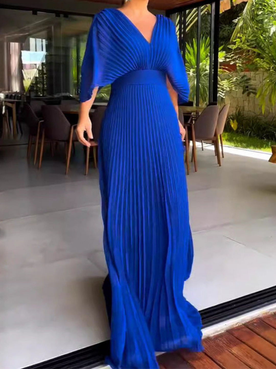 Elegant Pleated Batwing Maxi Dress - Wedding Guest
