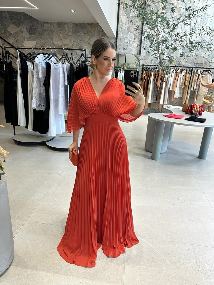 Elegant Pleated Batwing Maxi Dress - Wedding Guest
