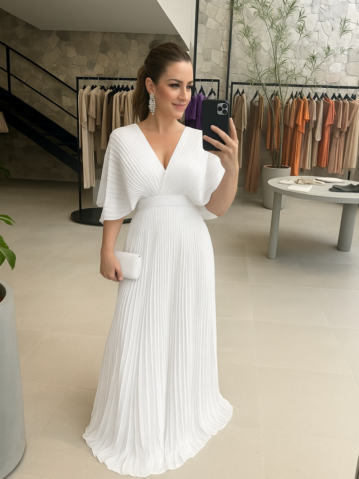 Elegant Pleated Batwing Maxi Dress - Wedding Guest