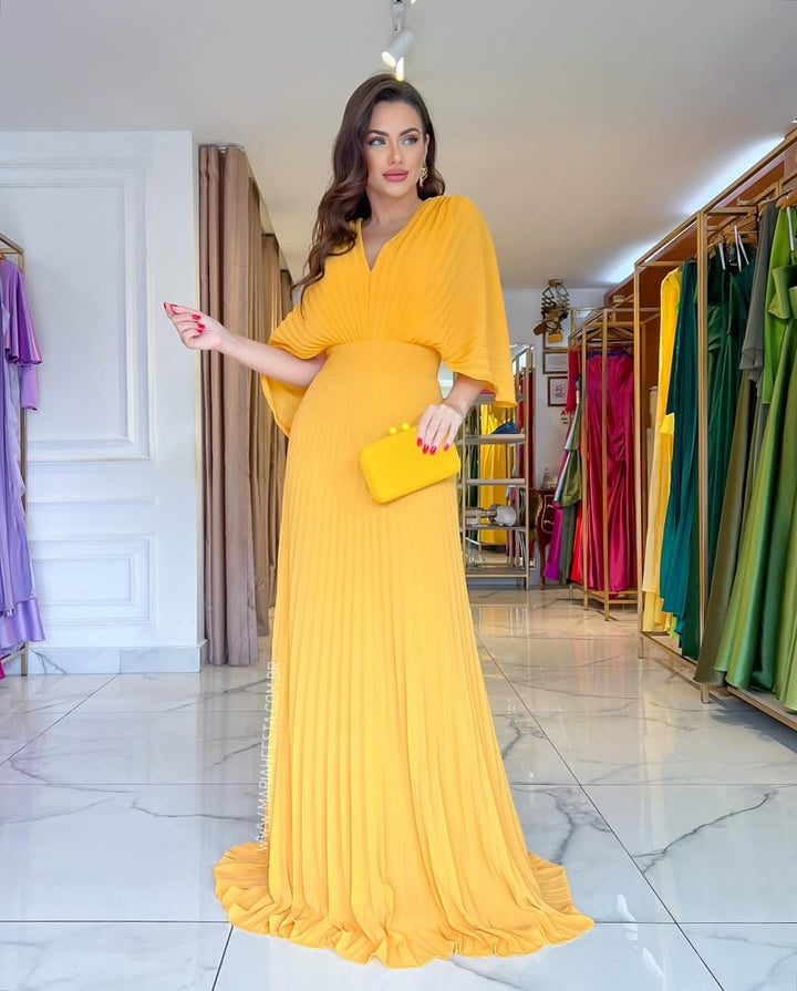 Elegant Pleated Batwing Maxi Dress - Wedding Guest