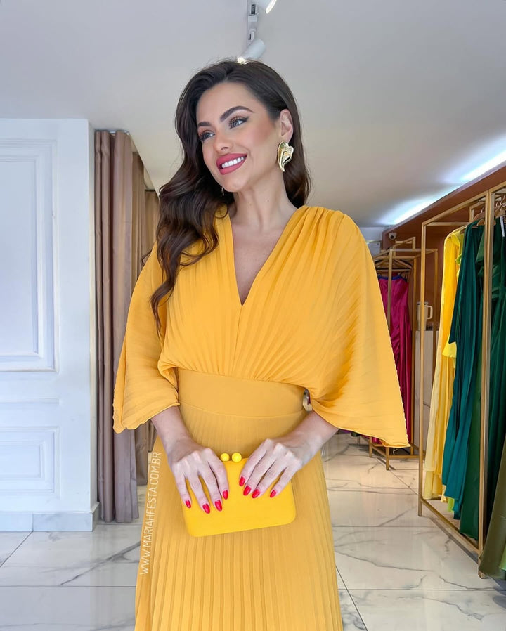Elegant Pleated Batwing Maxi Dress - Wedding Guest