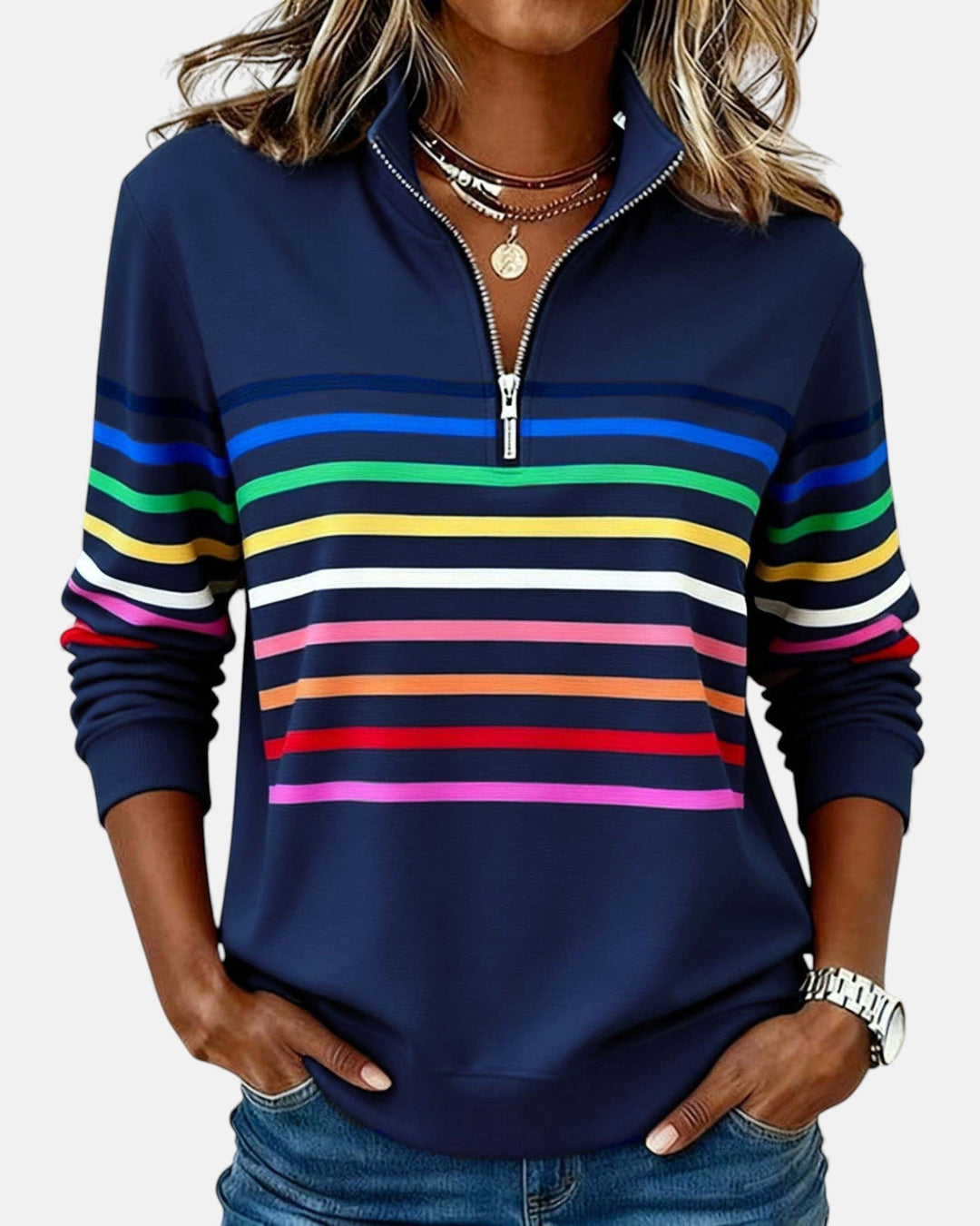 Pemberly | Women's Striped Quarter-Zip Long Sleeve Pullover