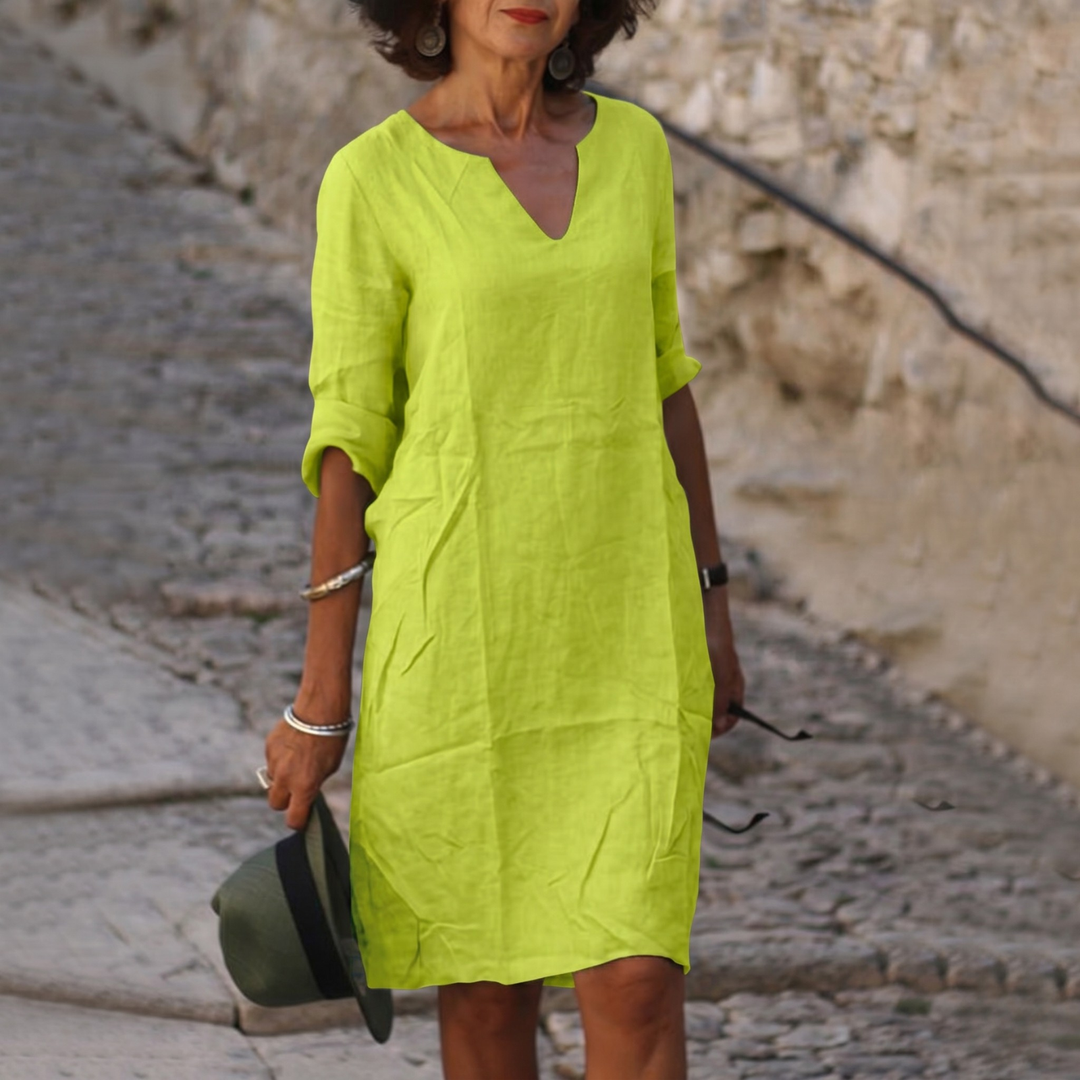V Neck Three Quarter Sleeve Relaxed Fit Linen Midi Dress