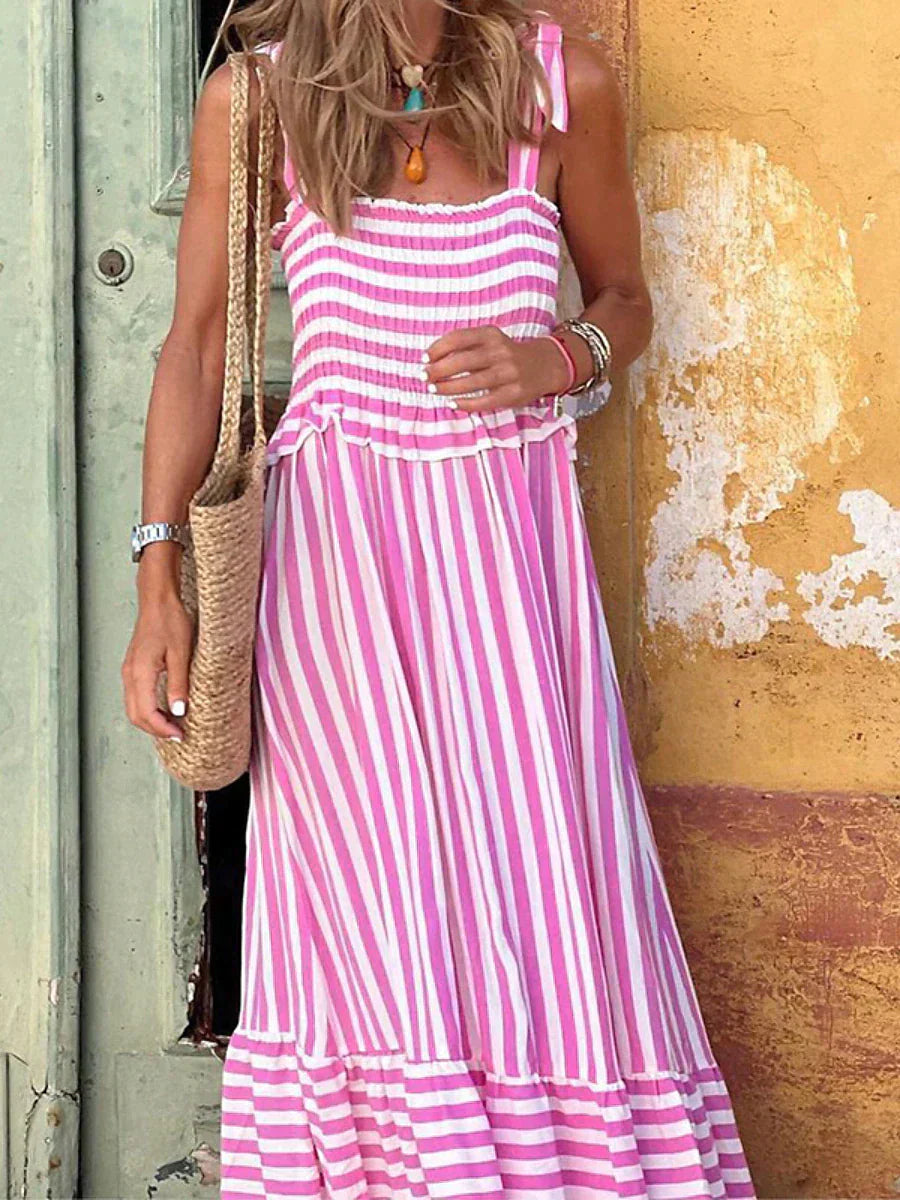 Women's Striped Maxi Dress Smocked Tiered Sleeveless Summer Vacation
